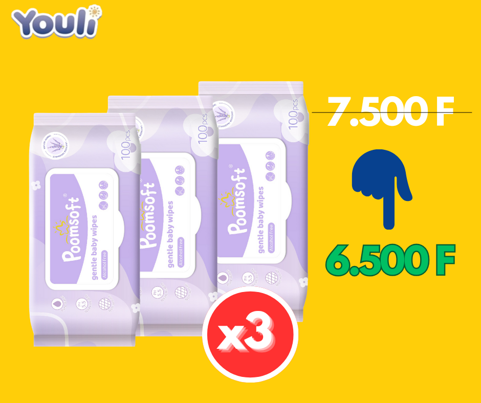 1 Package Lingette Poomsoft Humide pour Bébé à base d'eau à 99,9 % lavendre doux - 100 X 3 - 300 Feuilles