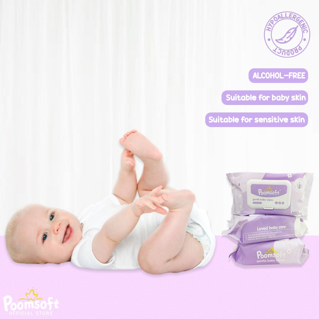 1 Package Lingette Poomsoft Humide pour Bébé à base d'eau à 99,9 % lavendre doux - 100 X 3 - 300 Feuilles